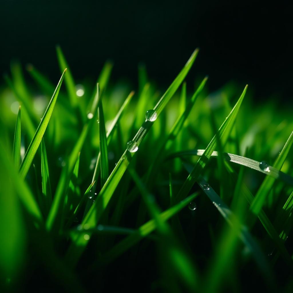 Macro photograph of vibrant emerald grass blades with dew drops